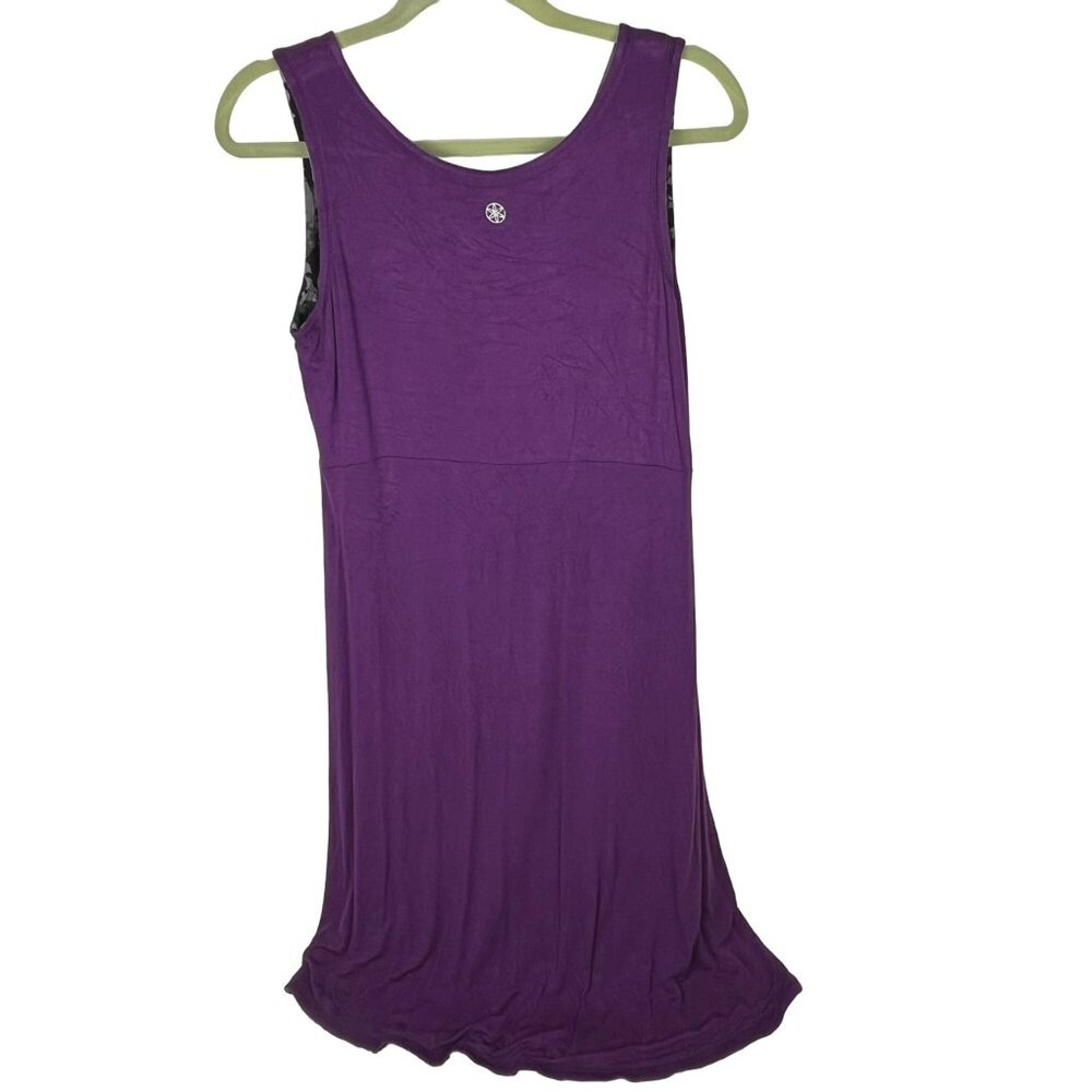 Gaiam Tank Dress Black Floral Reverses to Sollid Purple V-Neck Sz. M - Picture 5 of 6